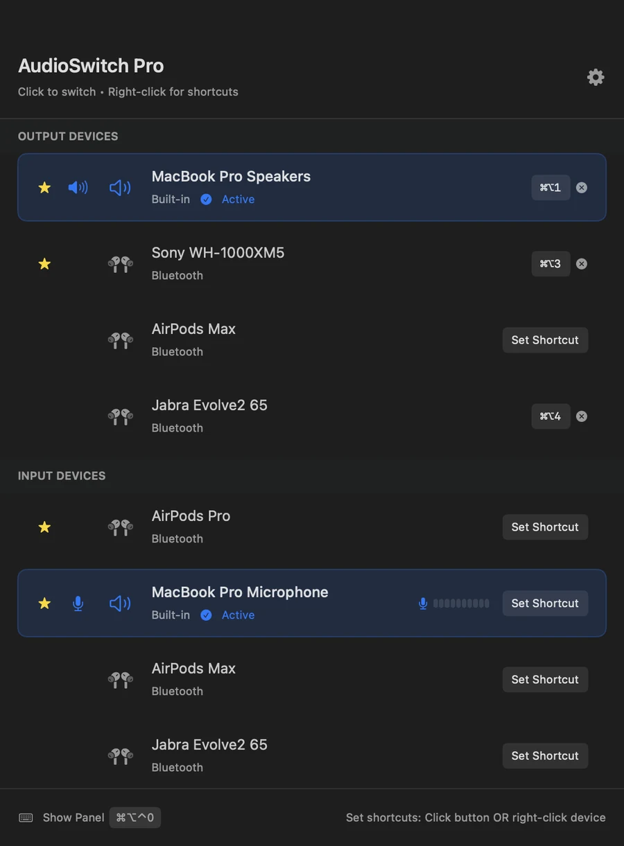 AudioSwitch Pro showing output and input devices in one list, with keyboard shortcuts assigned to several of them.
